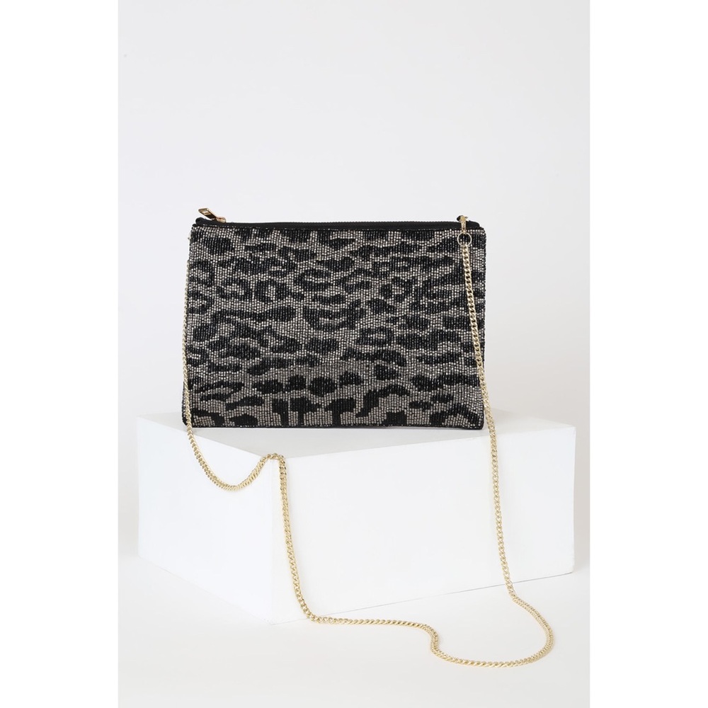 Lulus Black and Silver Leopard Beaded Clutch